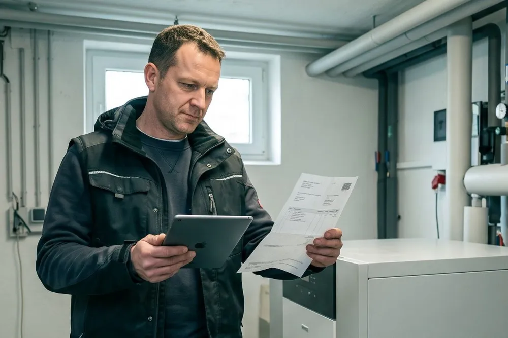 Ein Heizungsbauer vergleicht im Heizungskeller Angebot und Lieferscheine auf einem Tablet