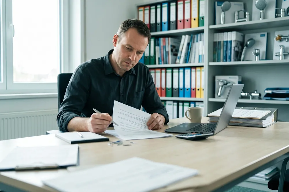 Ein Betriebsinhaber prüft im Büro ein Angebot mit Checkliste und Kaffeetasse