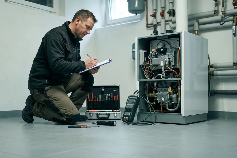 Ein Servicetechniker wartet im Keller eine Gasheizung und notiert etwas auf einem Klemmbrett